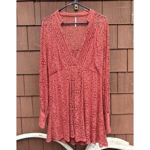 Free People Orange lace v neck Patterned Long Sleeve mini Dress large